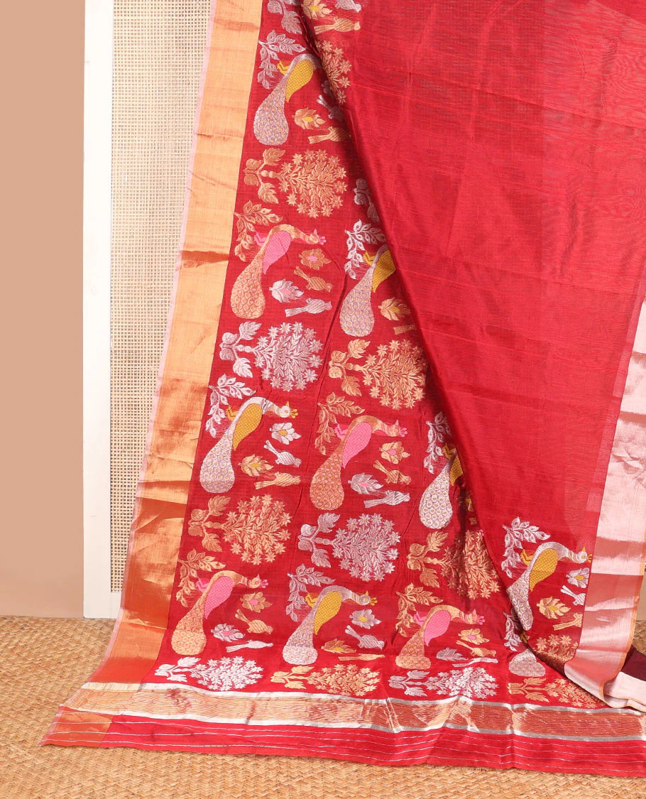Red floral, peacock design chanderi cotton saree with contrast border & striped pallu - Image 2