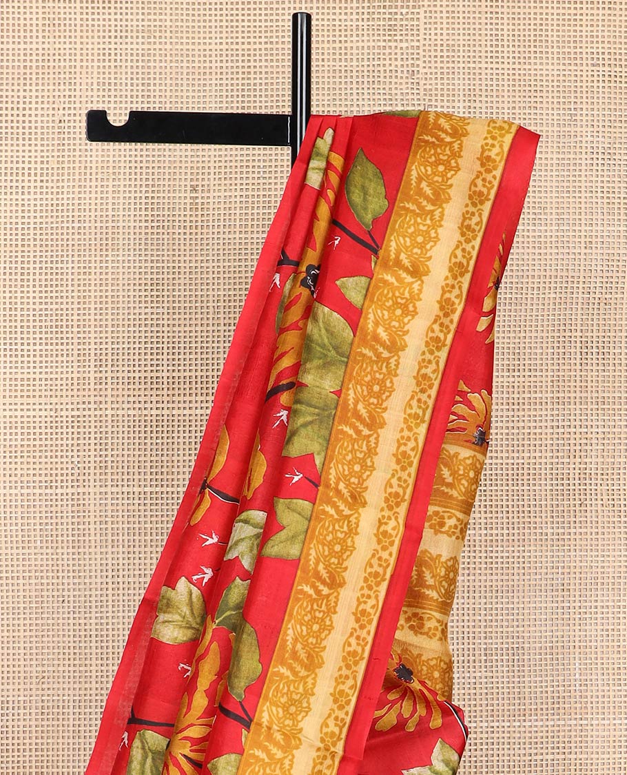 Red floral printed silk saree with self floral border & floral design pallu - Image 3