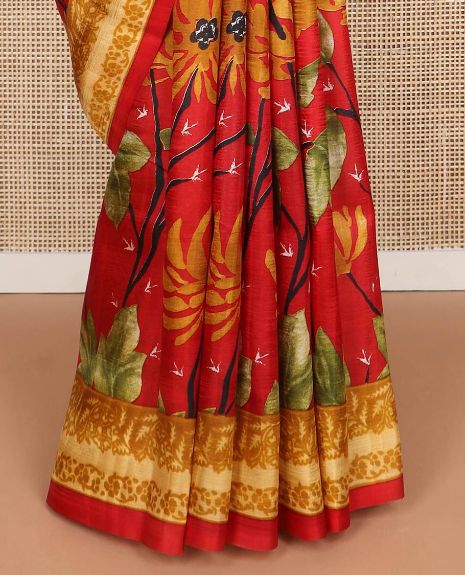 Red floral printed silk saree with self floral border & floral design pallu - Image 4