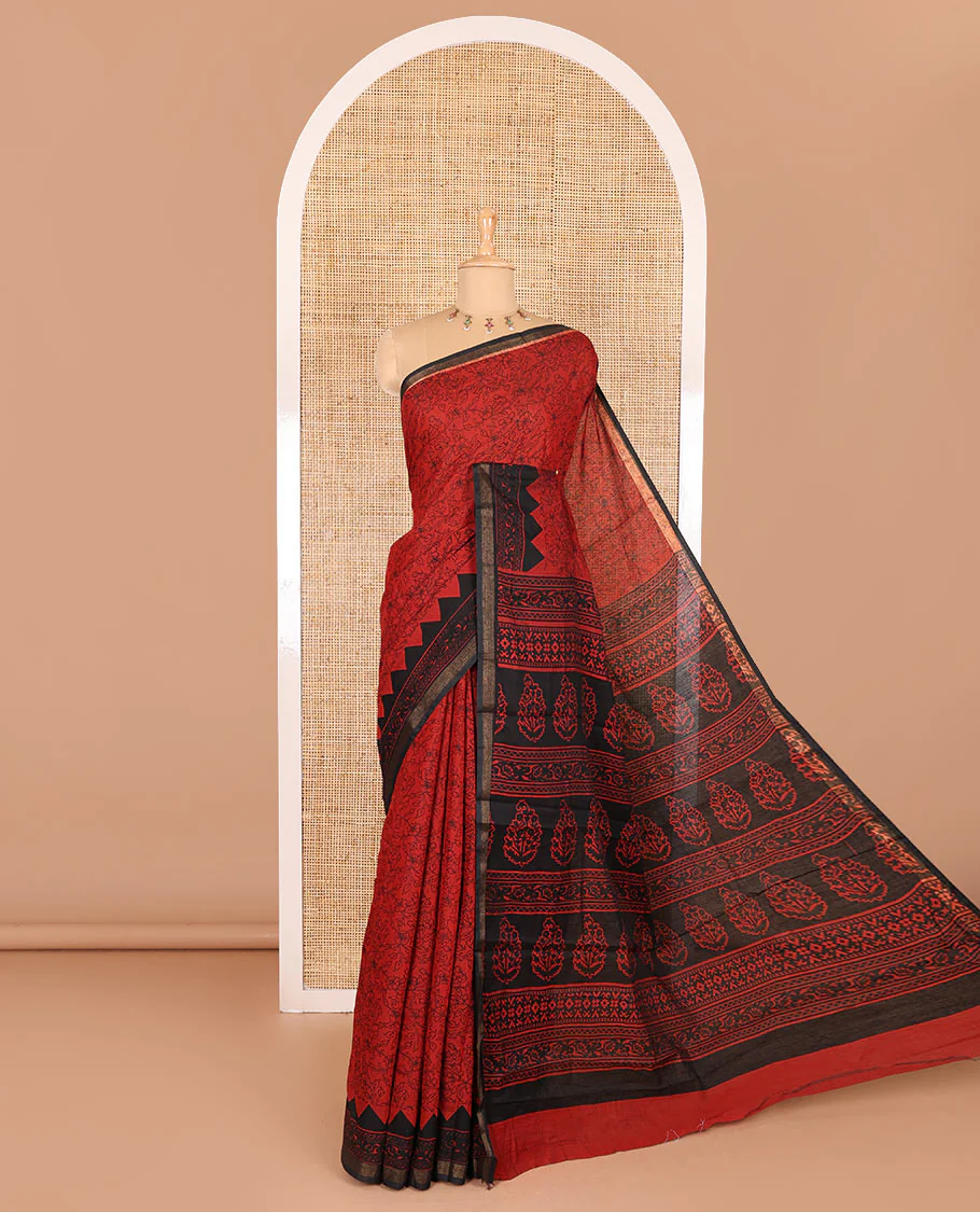 Red floral vine hand block printed Chanderi cotton saree with temple border of print, and piping zari work, printed pallu, and a zig-zag striped blouse