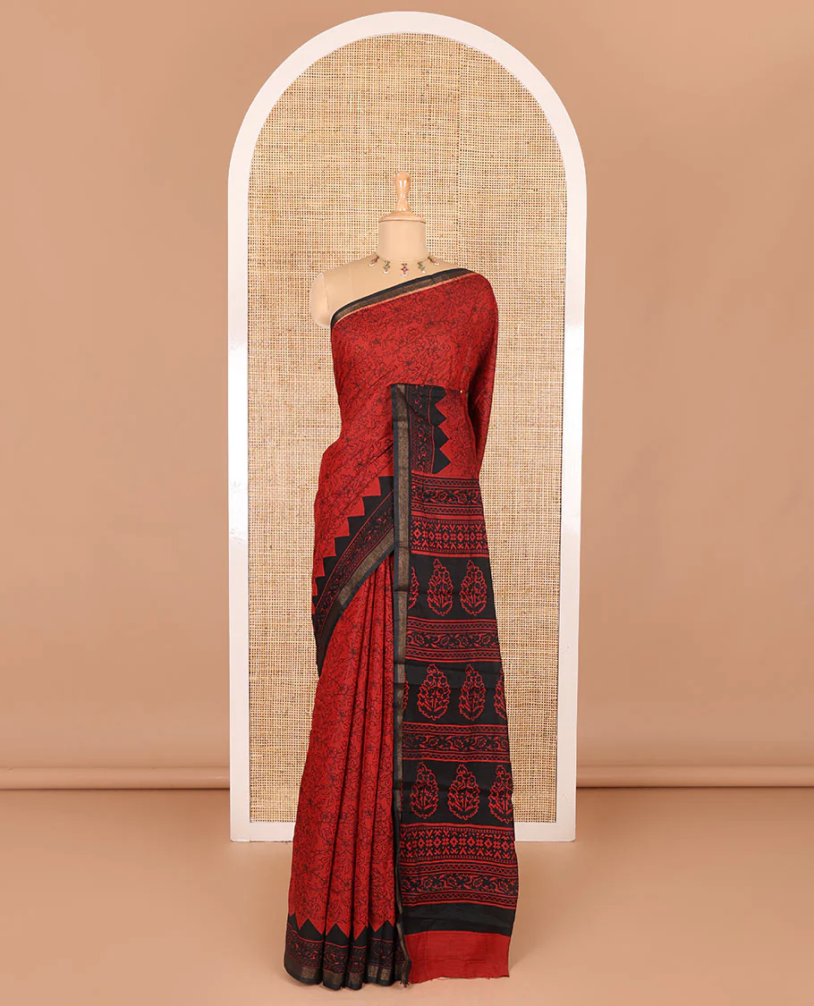 Red floral vine hand block printed Chanderi cotton saree with temple border of print, and piping zari work, printed pallu, and a zig-zag striped blouse - Image 2