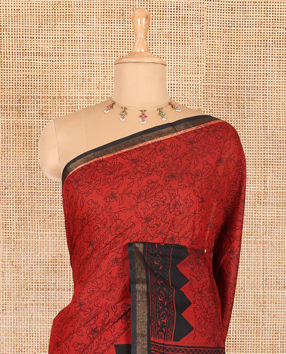 Red floral vine hand block printed Chanderi cotton saree with temple border of print, and piping zari work, printed pallu, and a zig-zag striped blouse - Image 3