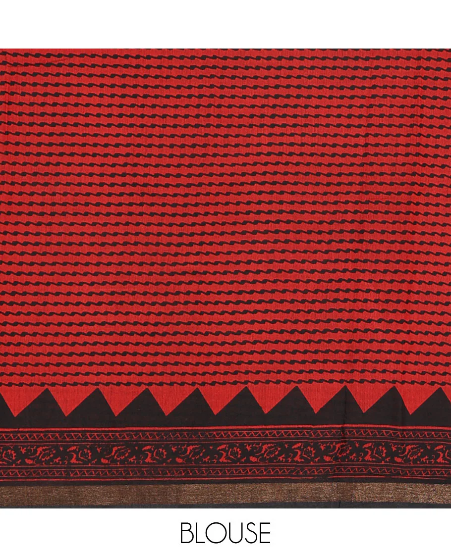 Red floral vine hand block printed Chanderi cotton saree with temple border of print, and piping zari work, printed pallu, and a zig-zag striped blouse - Image 4