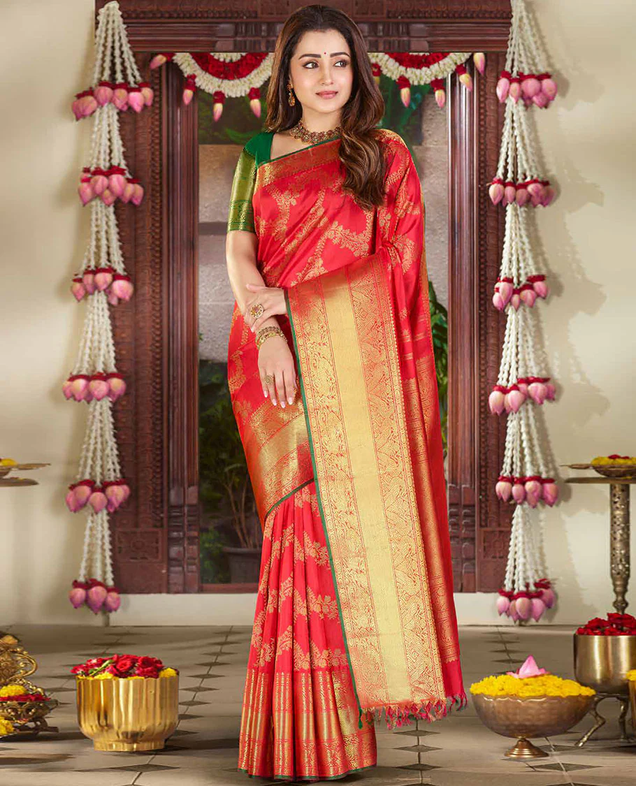 Red floral vine Samudrika silk saree, zari border of muthu,poun,kili,zari stripe & yaali & pallu of round yaanai,kuthirai & jaal