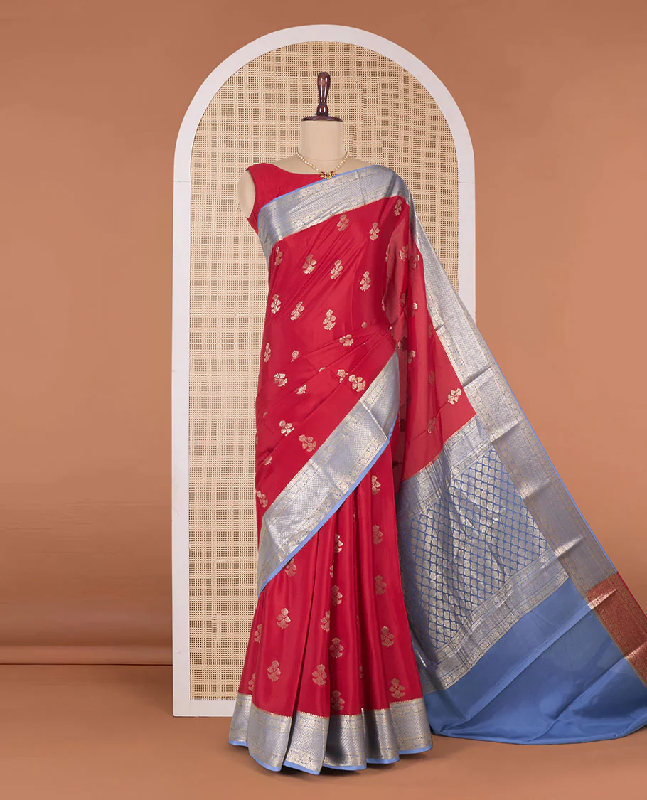 Red floral zari buttas Mysore silk saree, contrast traditional zari border and pallu of jaal designs - Image 2