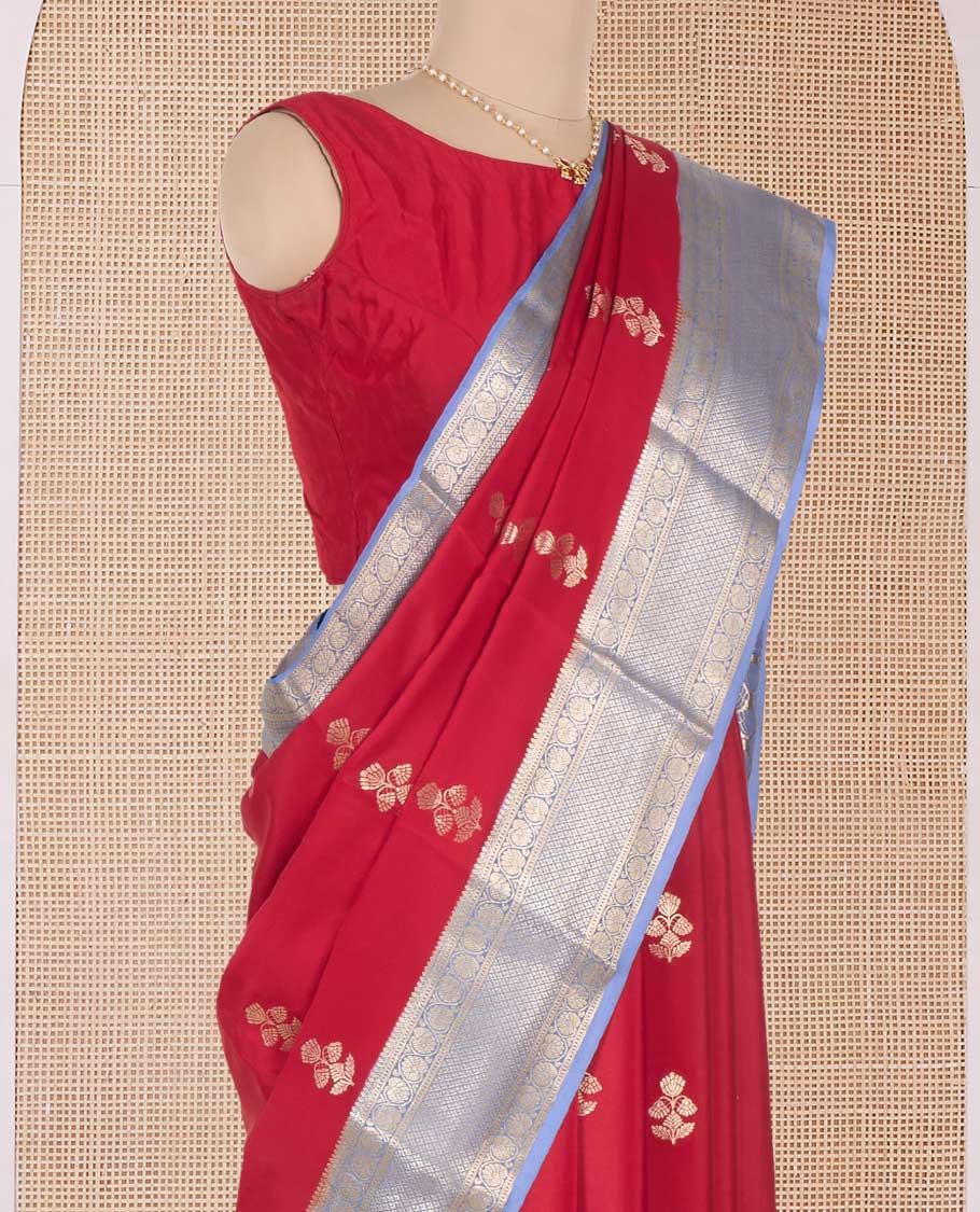 Red floral zari buttas Mysore silk saree, contrast traditional zari border and pallu of jaal designs - Image 3