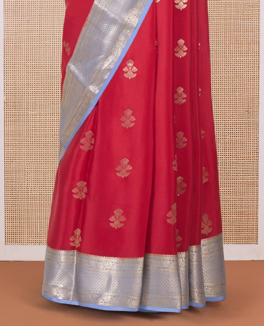 Red floral zari buttas Mysore silk saree, contrast traditional zari border and pallu of jaal designs - Image 4
