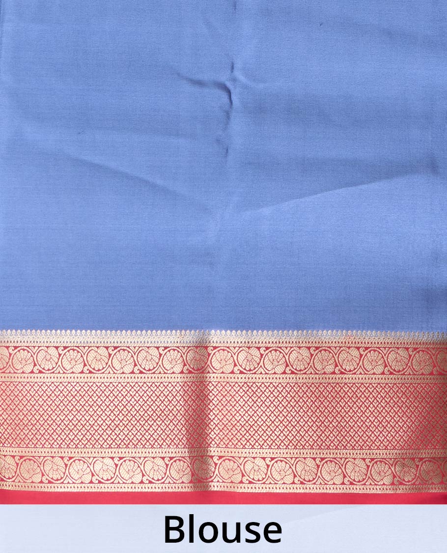 Red floral zari buttas Mysore silk saree, contrast traditional zari border and pallu of jaal designs - Image 5