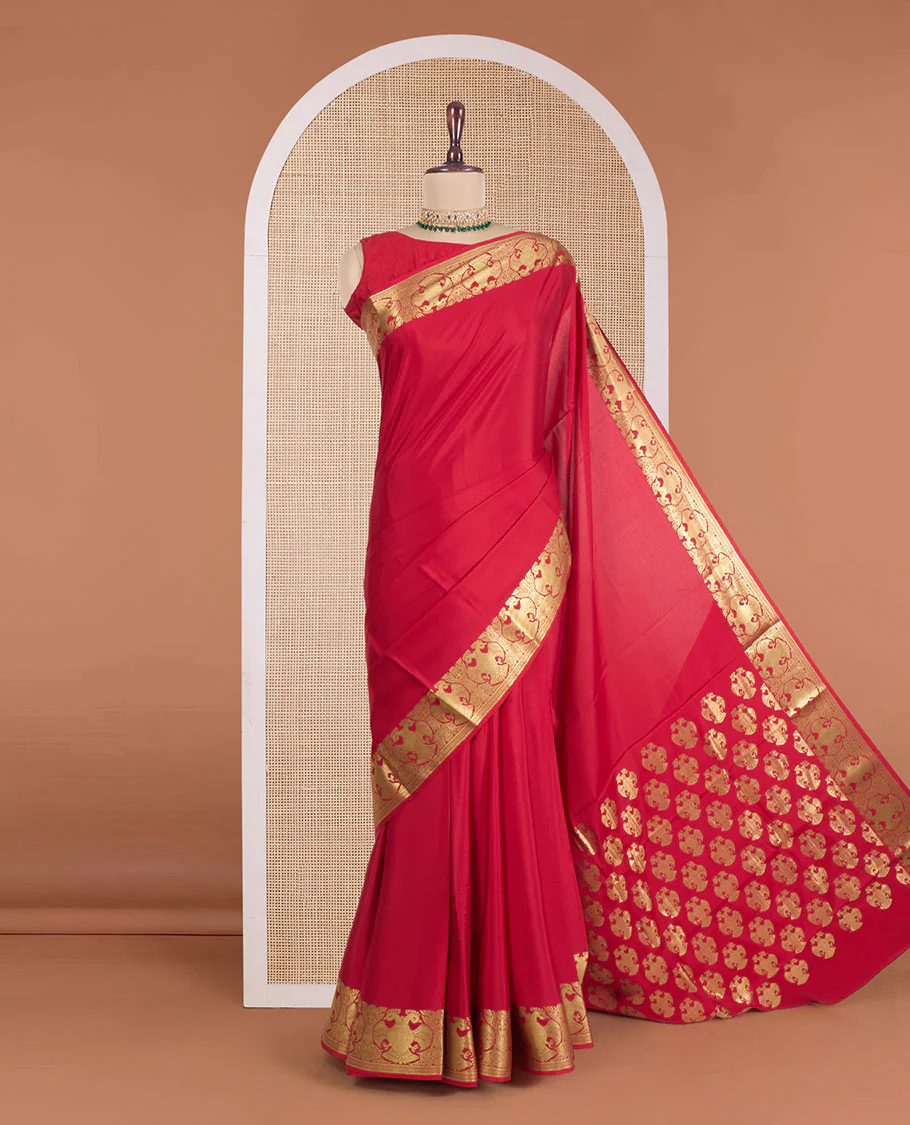 Red floral zari buttas Mysore silk saree, contrast traditional zari design border, and jaal pallu - Image 2