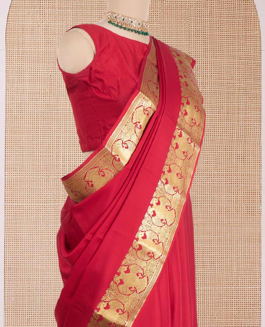 Red floral zari buttas Mysore silk saree, contrast traditional zari design border, and jaal pallu - Image 3