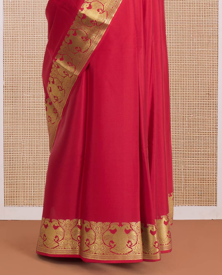 Red floral zari buttas Mysore silk saree, contrast traditional zari design border, and jaal pallu - Image 4