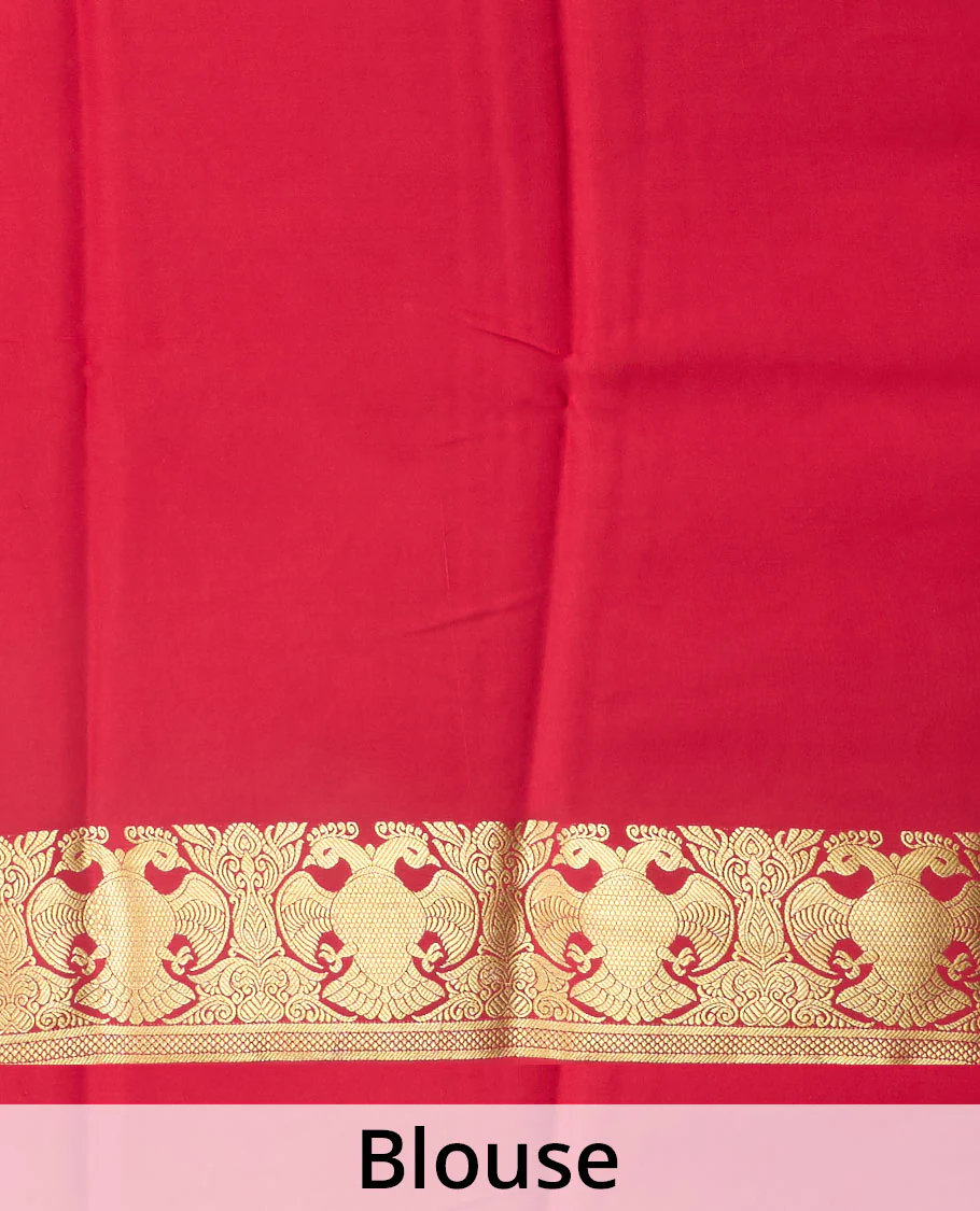 Red floral zari buttas Mysore silk saree, contrast traditional zari design border, and jaal pallu - Image 5