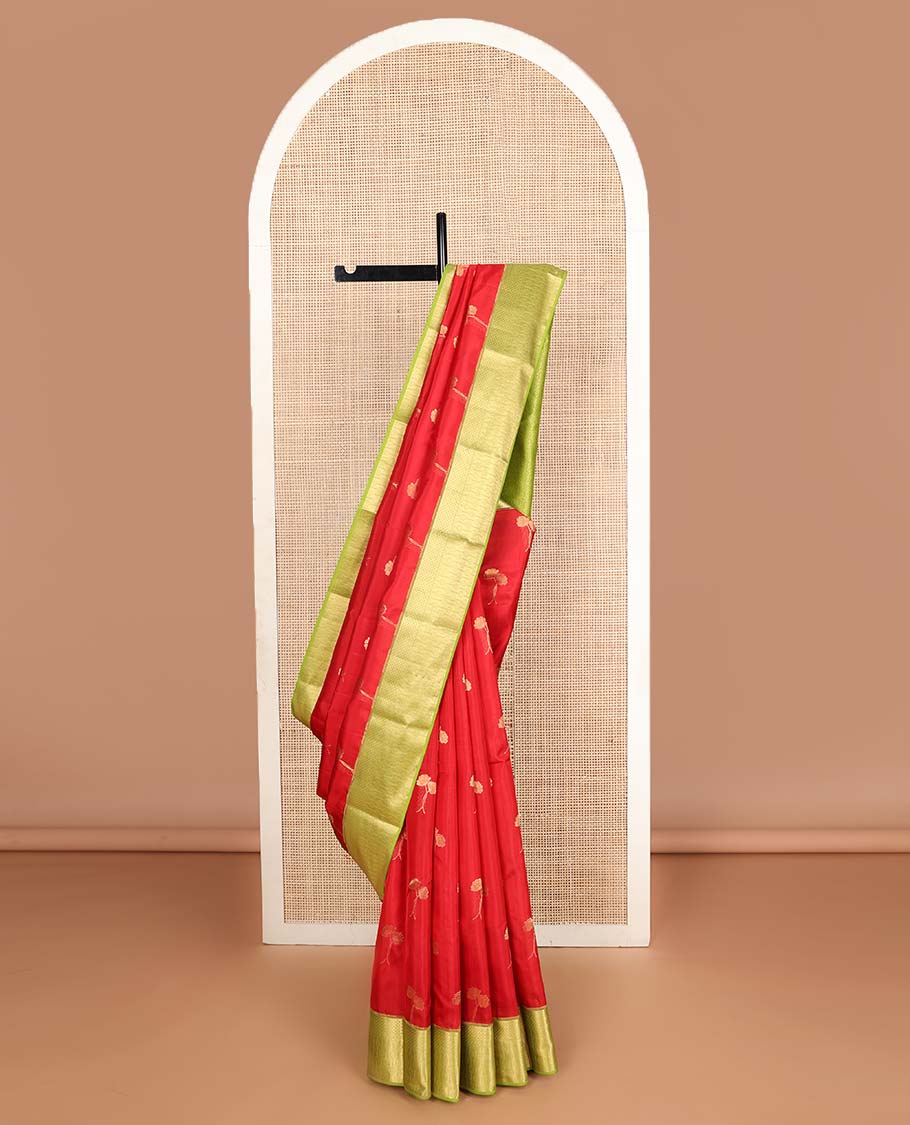Red floral zari buttas Vasundhara Lite Silk Mix Saree, contrast border & pallu of geometric patterns
