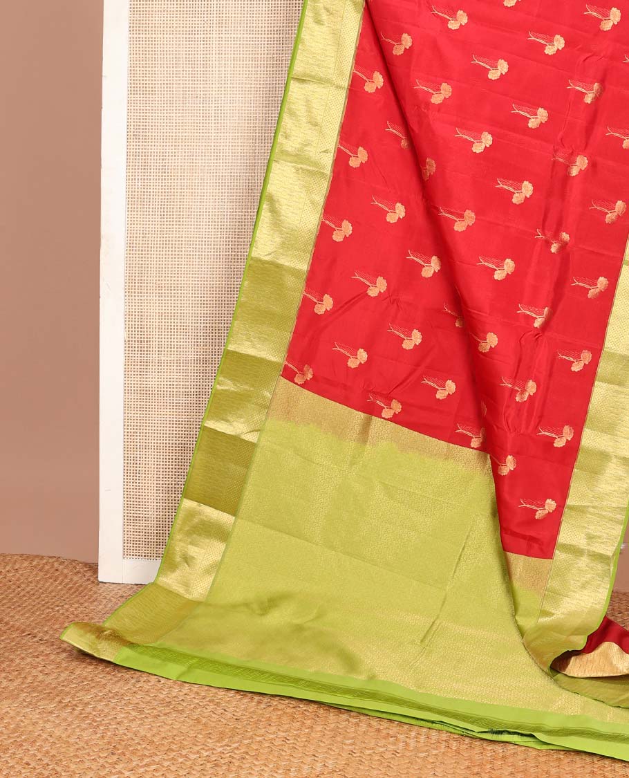 Red floral zari buttas Vasundhara Lite Silk Mix Saree, contrast border & pallu of geometric patterns - Image 3