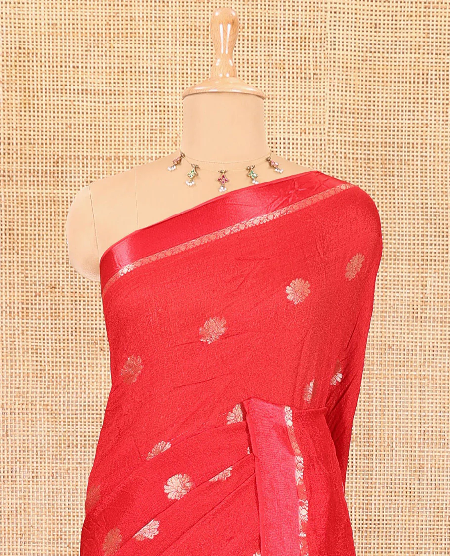Red floral zari buttas viscose khadi silk saree, traditional zari satin border, floral zari buttas woven pallu, and a matching zari design blouse - Image 3