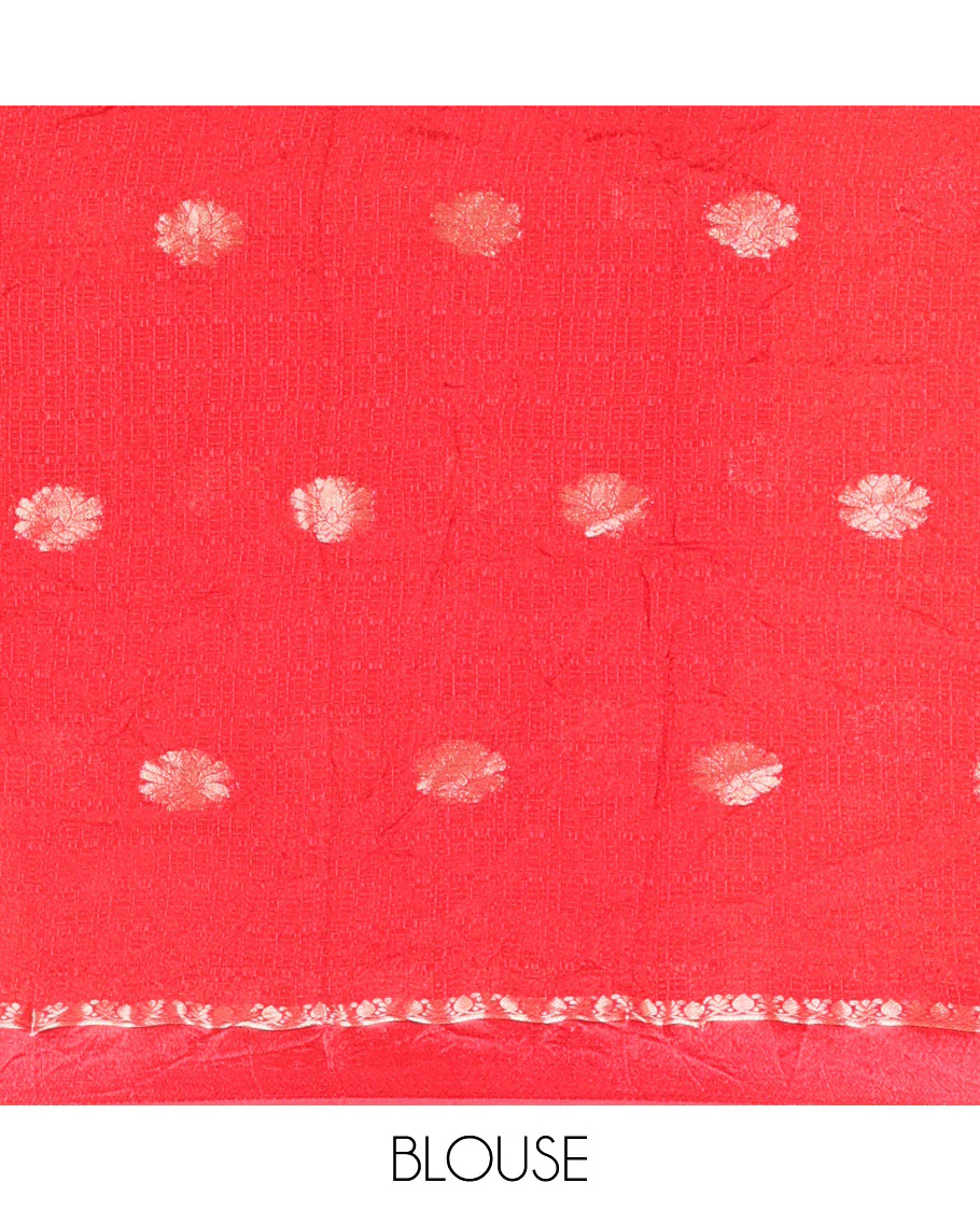 Red floral zari buttas viscose khadi silk saree, traditional zari satin border, floral zari buttas woven pallu, and a matching zari design blouse - Image 4