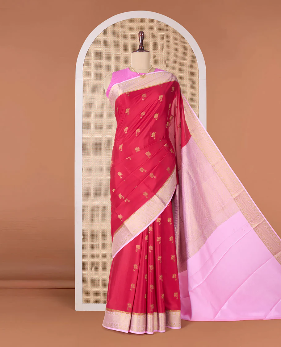 Red floral zari buttas woven Mysore silk saree, contrast traditional zari border, and pallu of jaal design - Image 2