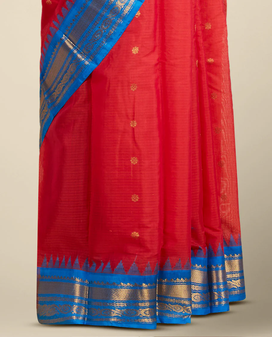 Red flower buttas gadwal cotton saree, contrast vidarbha traditional border & pallu of floral creeper,jaal & paisley - Image 3