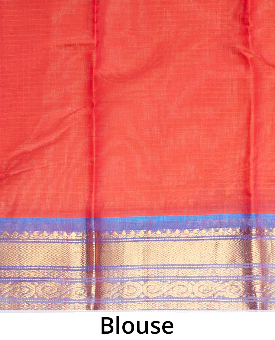 Red flower buttas gadwal cotton saree, contrast vidarbha traditional border & pallu of floral creeper,jaal & paisley - Image 4