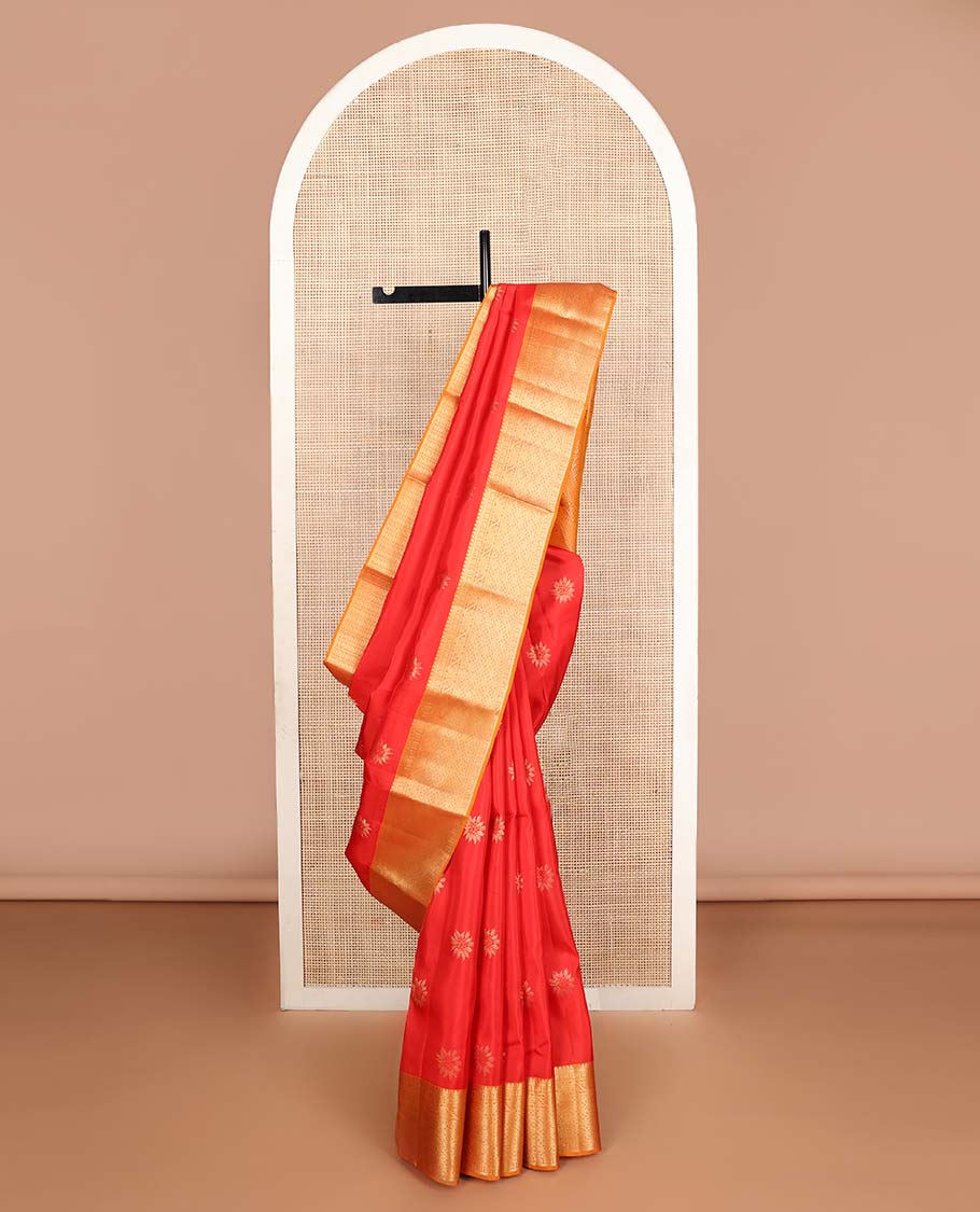 Red flower buttas Vasundhara Lite Silk Mix Saree, contrast border of thilakam mokku,manga,kodi visiry & jaal & manga motif pallu