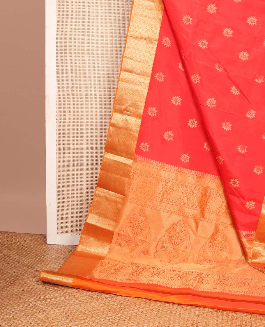 Red flower buttas Vasundhara Lite Silk Mix Saree, contrast border of thilakam mokku,manga,kodi visiry & jaal & manga motif pallu - Image 3
