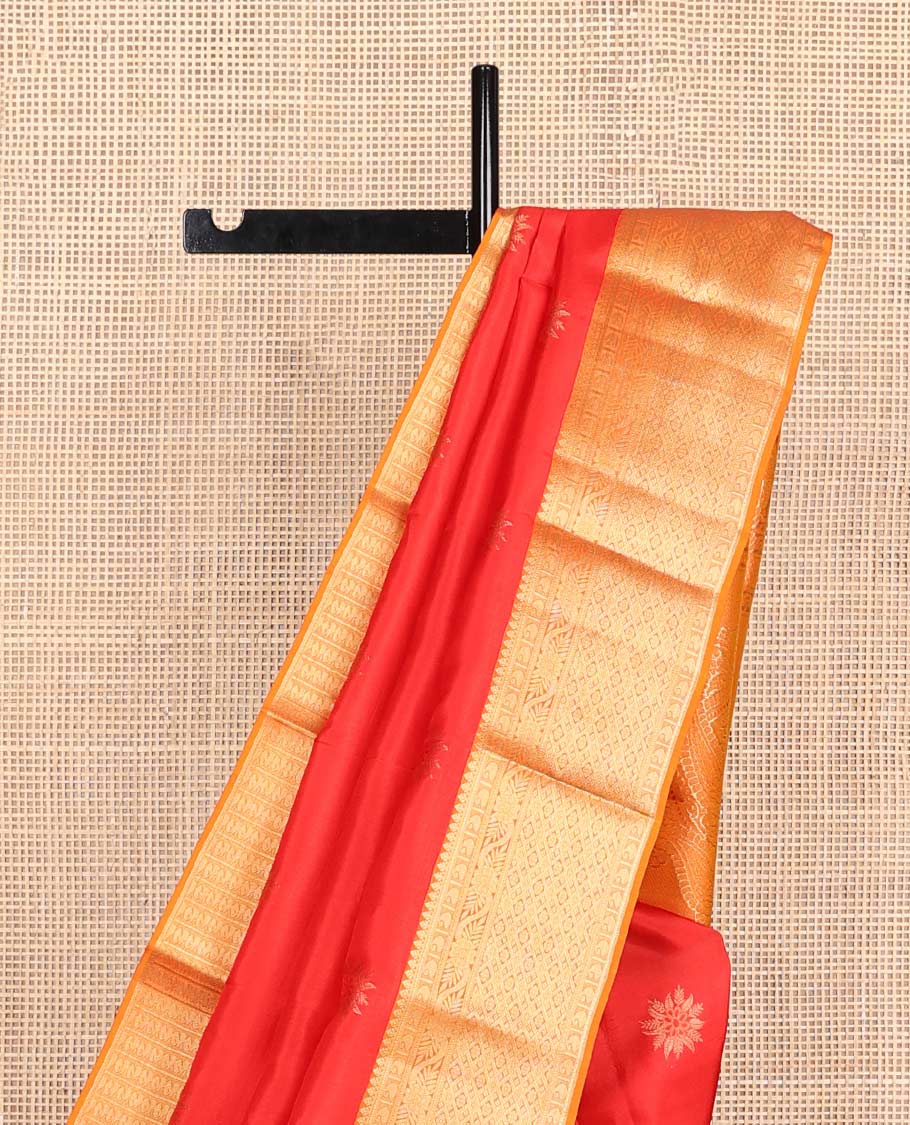 Red flower buttas Vasundhara Lite Silk Mix Saree, contrast border of thilakam mokku,manga,kodi visiry & jaal & manga motif pallu - Image 4