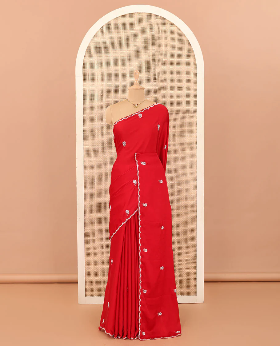 Red flower motifs embroidered designer saree, scallop embroidered border - Image 2