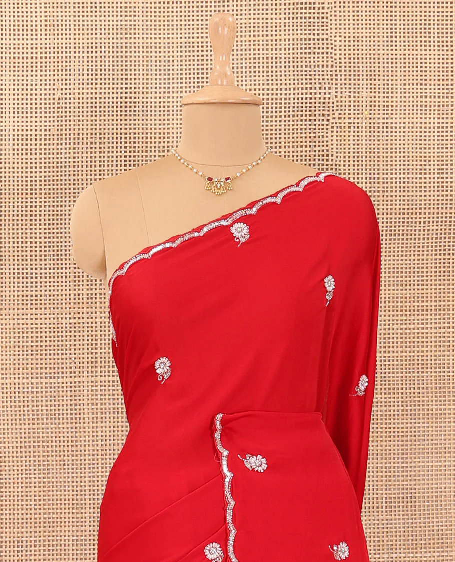 Red flower motifs embroidered designer saree, scallop embroidered border - Image 3