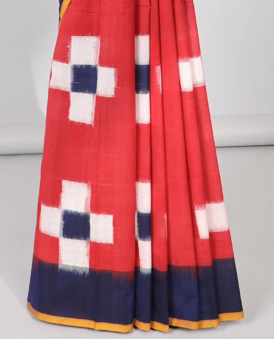 Red geometric design Ikkat cotton saree with contrast plain border & striped and geometric design pallu - Image 4