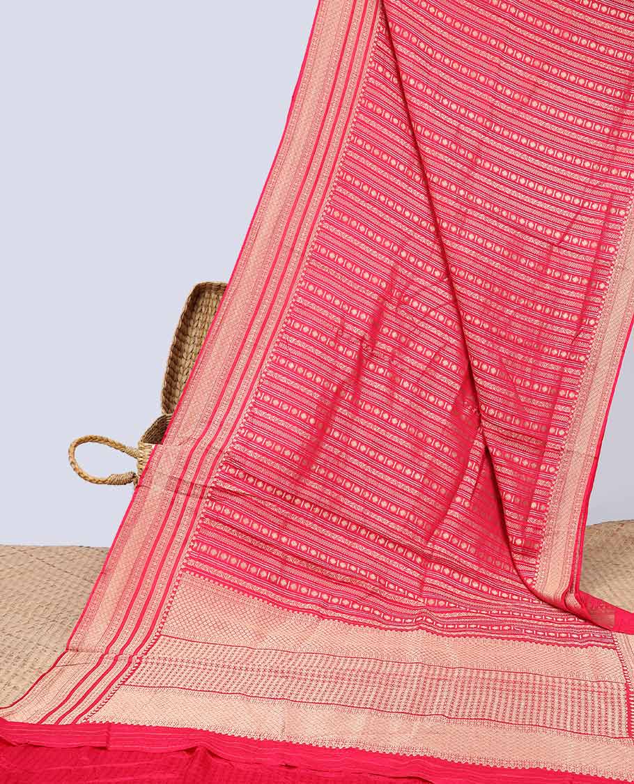 Red geometric semi-banaras dola silk saree with self zari border & argyle pattern, geometric design pallu - Image 2