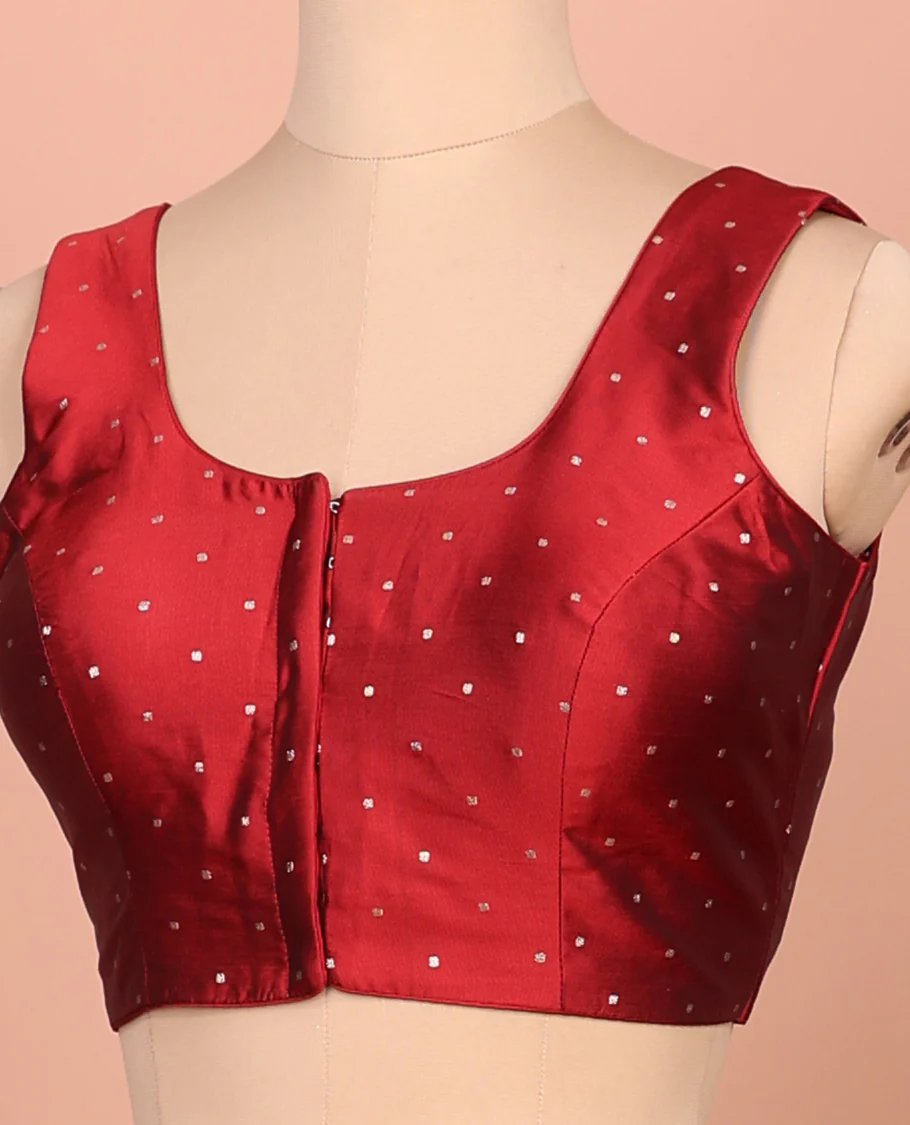 Maroon glitter dotted front and back round necked sleeveless readymade blouse - Image 2