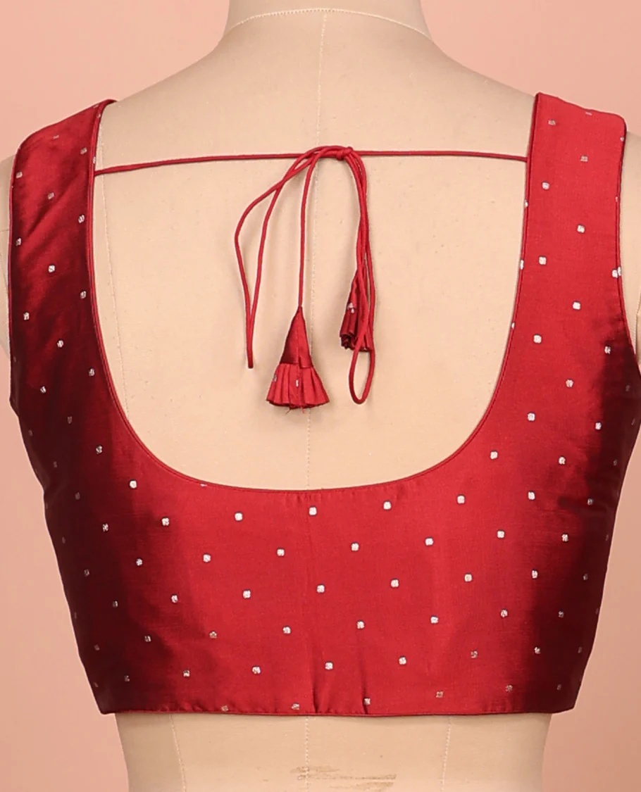 Maroon glitter dotted front and back round necked sleeveless readymade blouse - Image 4