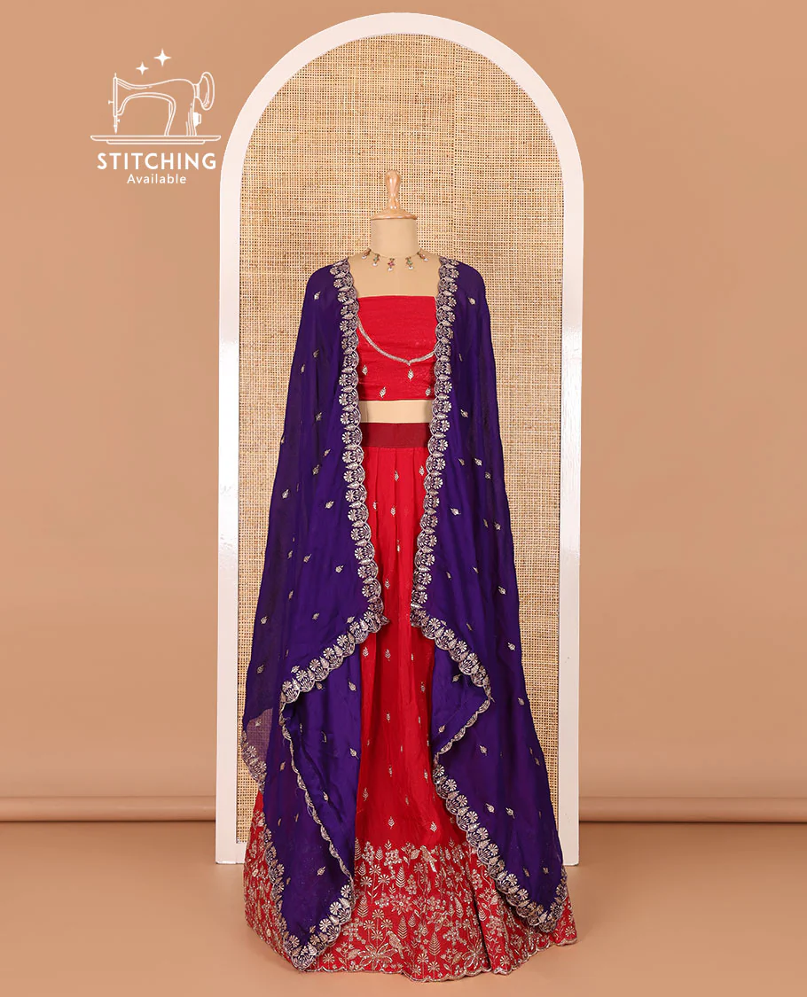 Red half-saree, floral and bird motifs embroidered velvet organza top, matching embroidered blouse, and contrast scallop embroidered syska georgette dhavani - Image 2