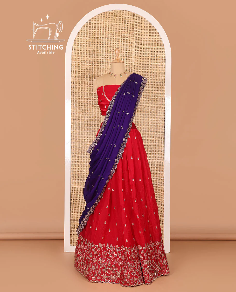 Red half-saree, floral and bird motifs embroidered velvet organza top, matching embroidered blouse, and contrast scallop embroidered syska georgette dhavani - Image 3