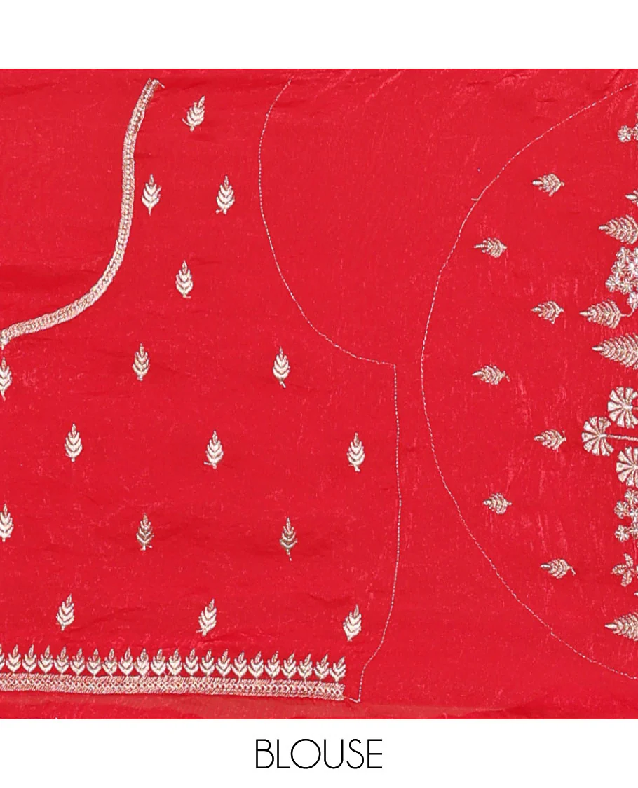 Red half-saree, floral and bird motifs embroidered velvet organza top, matching embroidered blouse, and contrast scallop embroidered syska georgette dhavani - Image 4