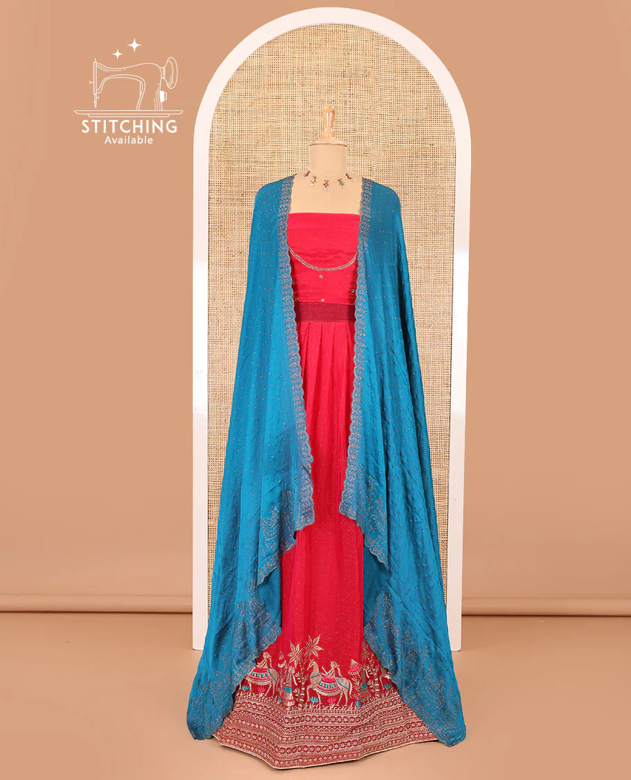 Red half-saree, Swarovski stone work with girl-on-the-horse motifs embroidered bordered satin georgette skirt, a matching satin georgette blouse, and a contrast Swarovski stone work scallop dhavani - Image 2