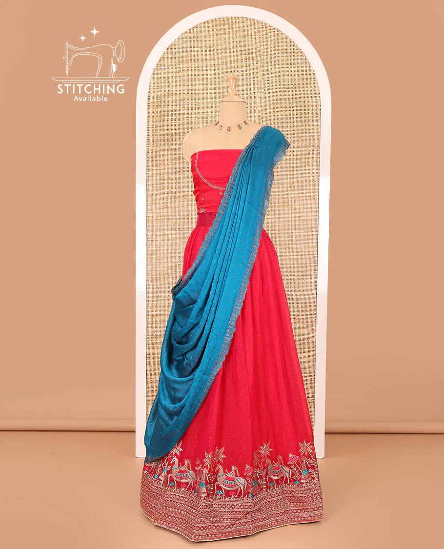 Red half-saree, Swarovski stone work with girl-on-the-horse motifs embroidered bordered satin georgette skirt, a matching satin georgette blouse, and a contrast Swarovski stone work scallop dhavani - Image 3