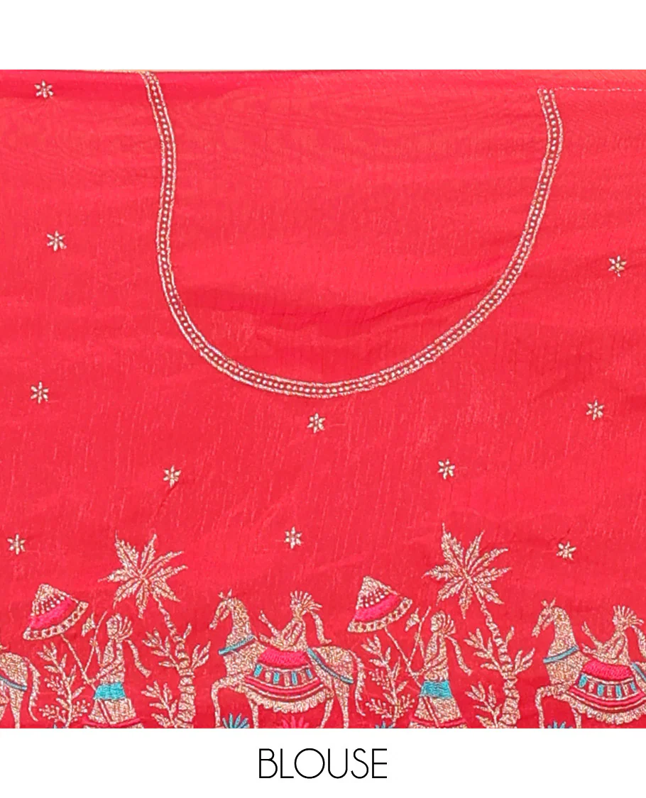 Red half-saree, Swarovski stone work with girl-on-the-horse motifs embroidered bordered satin georgette skirt, a matching satin georgette blouse, and a contrast Swarovski stone work scallop dhavani - Image 4