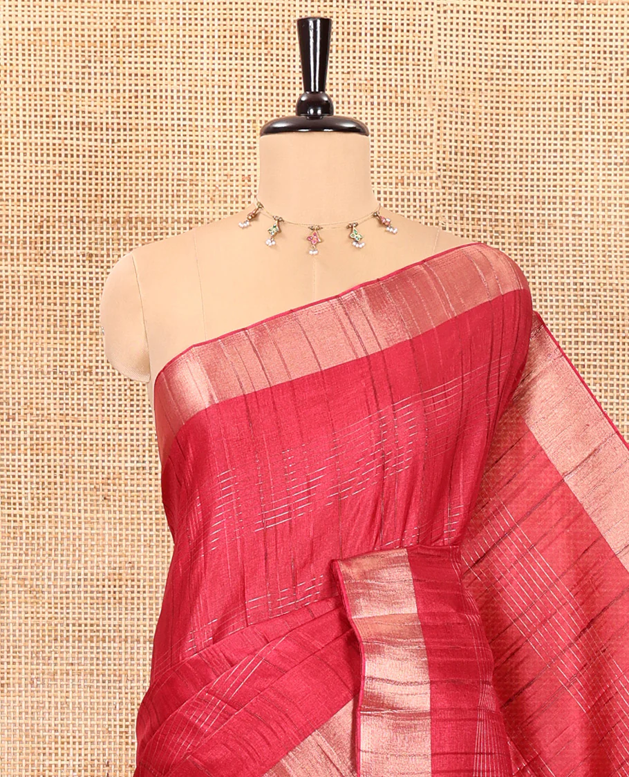 Red horizontal striped fancy tussar silk saree, bavanji border, self-pallu, and a matching striped blouse - Image 2