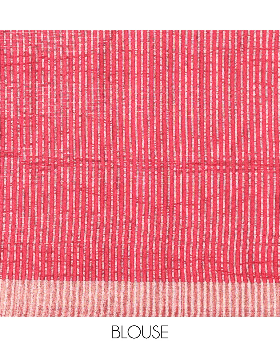 Red horizontal striped fancy tussar silk saree, bavanji border, self-pallu, and a matching striped blouse - Image 3