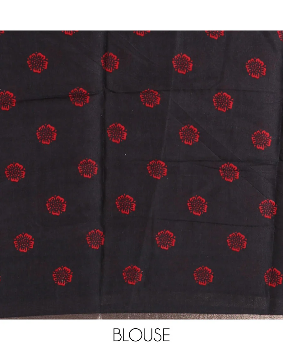 Red human figurines printed muslin cotton saree, contrast floral-peacock printed border of piping work, kalamkari printed pallu, and a contrast blouse of flower motifs print - Image 4