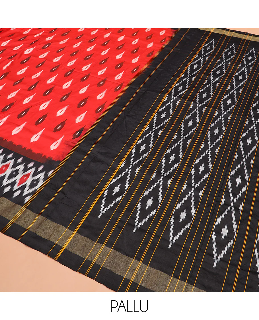Red Ikkat Silk Saree Brightened with Ikkat Buttas, Complemented by a Contrast Ikkat Design Border, a Hazily Woven Pallu of Diamond Patterns, and a Contrast Blouse - Image 5