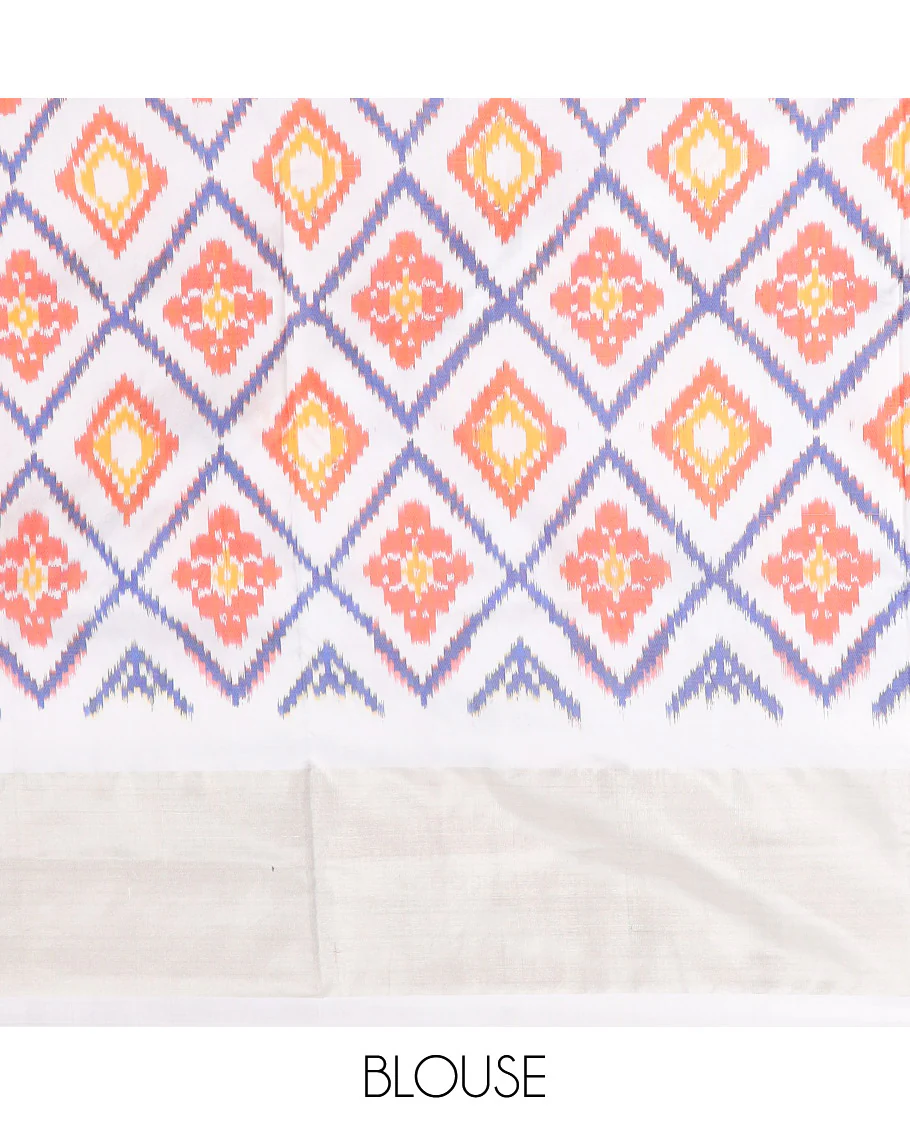 Red Ikkat Silk Saree with Ikkat Buttas, Accentuated with a Contrast Ikkat Jaal-Patterned Border, Pallu Features Ikkat Jaal Patterns, and with a Contrast Blouse - Image 6