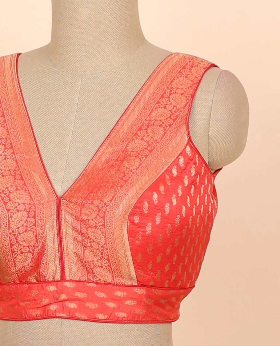 Red intricate floral zari design front & back deep v-neck raw-silk readymade sleeveless blouse - Image 3