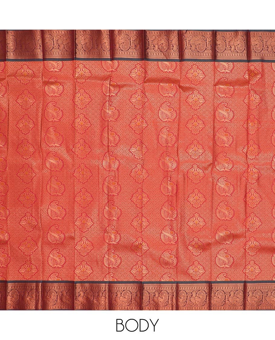 Red jacquard gift saree, contrast traditional zari rettai pettu border, and zari-rich jaal pallu - Image 3