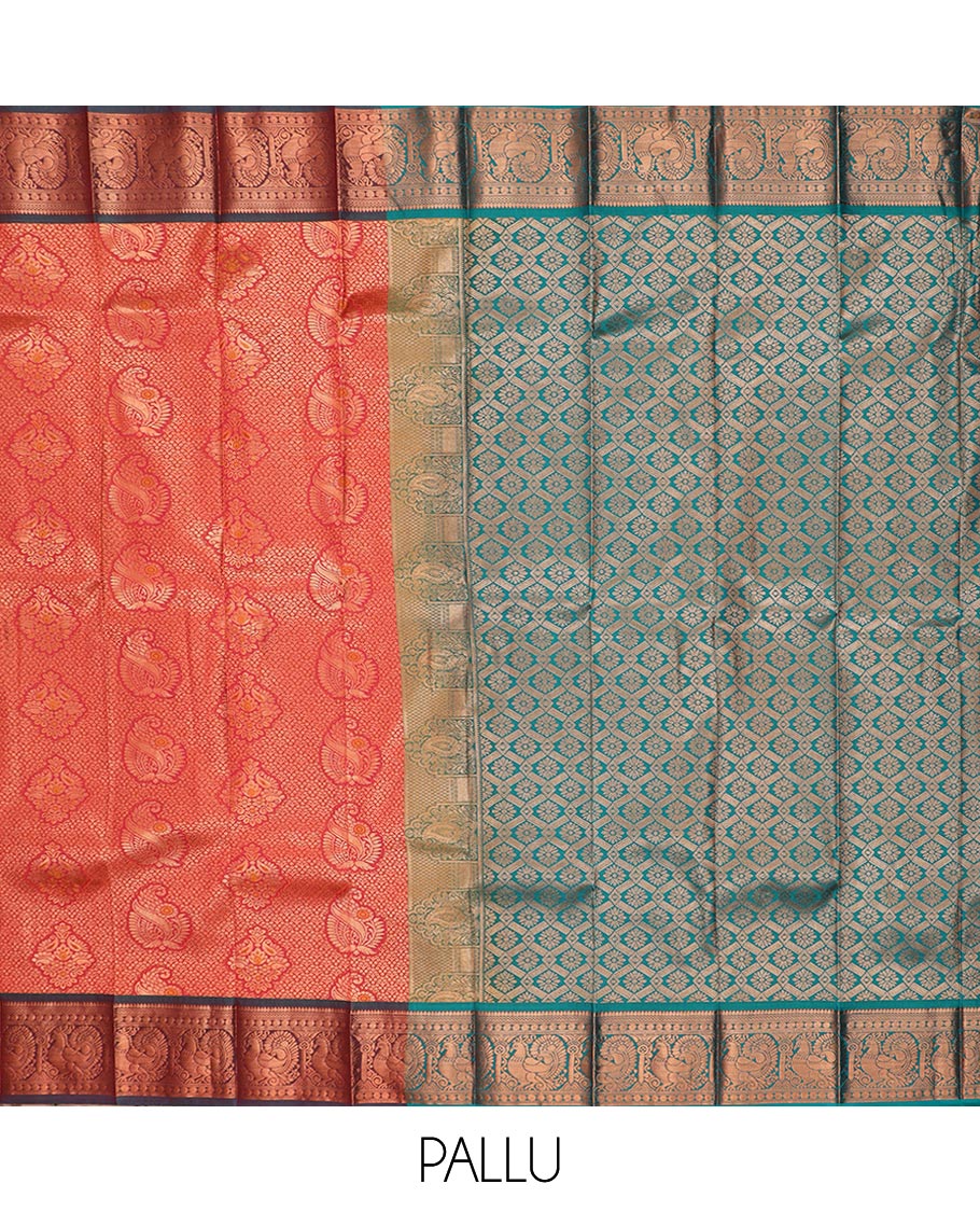 Red jacquard gift saree, contrast traditional zari rettai pettu border, and zari-rich jaal pallu - Image 4