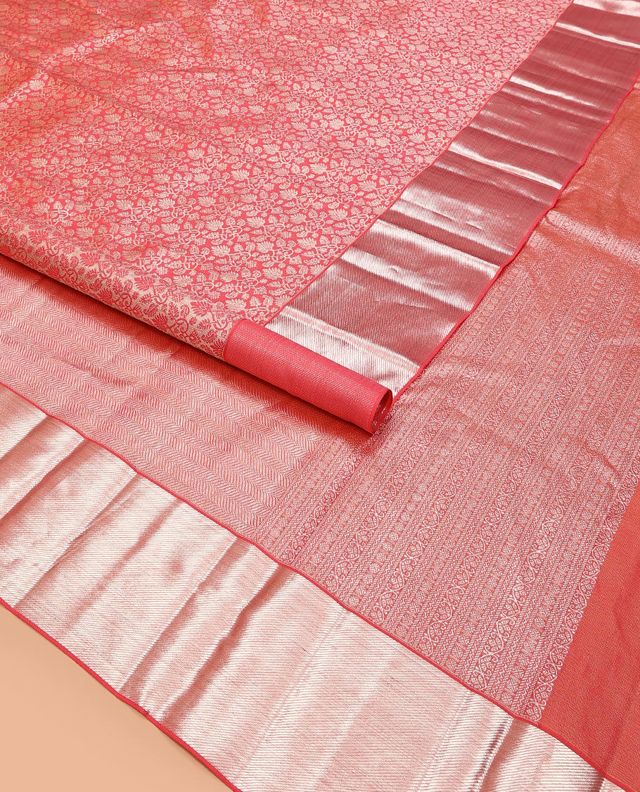 Red jacquard kanchipuram silk saree, zari border, and zari-rich pallu of vanki designs - Image 2