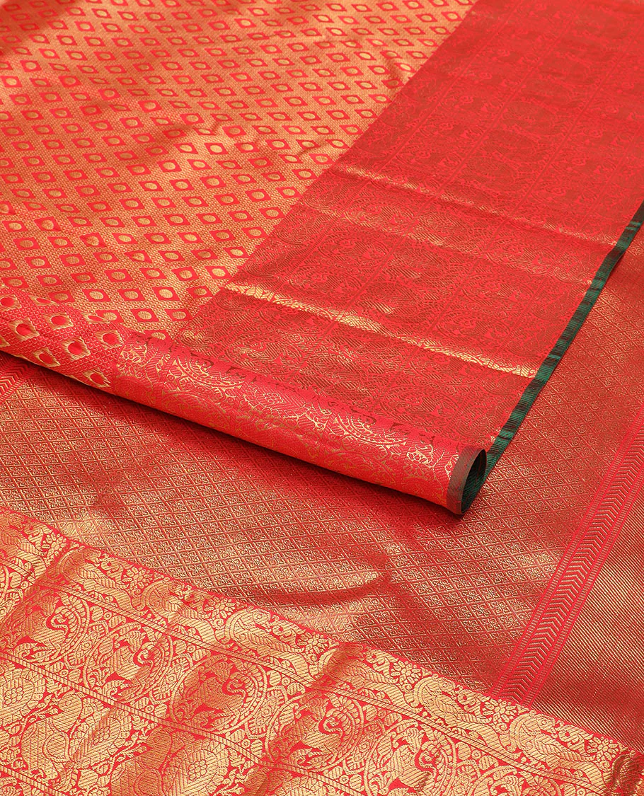 Red Jacquard Samudrika silk saree, zari border of round annam, round yaali & kili design & zari-rich grand  pallu - Image 2