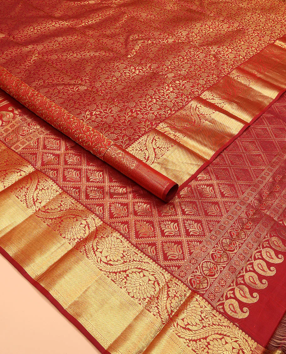 Red jacquard kanchipuram silk saree, zari border of thilakam, kathir, muthu, and dhavana kodi designs, and butta enclosed jaal pallu - Image 2