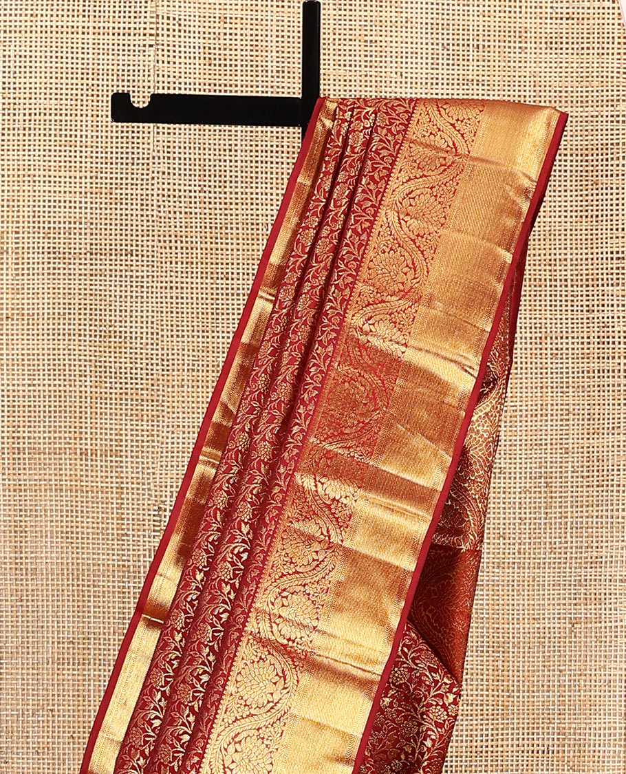 Red jacquard kanchipuram silk saree, zari border of thilakam, kathir, muthu, and dhavana kodi designs, and butta enclosed jaal pallu - Image 3